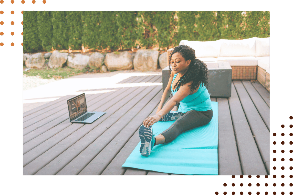 woman doing yoga in outdoor deck patio