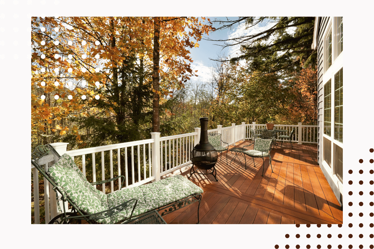 outdoor deck patio with chairs and fireplace