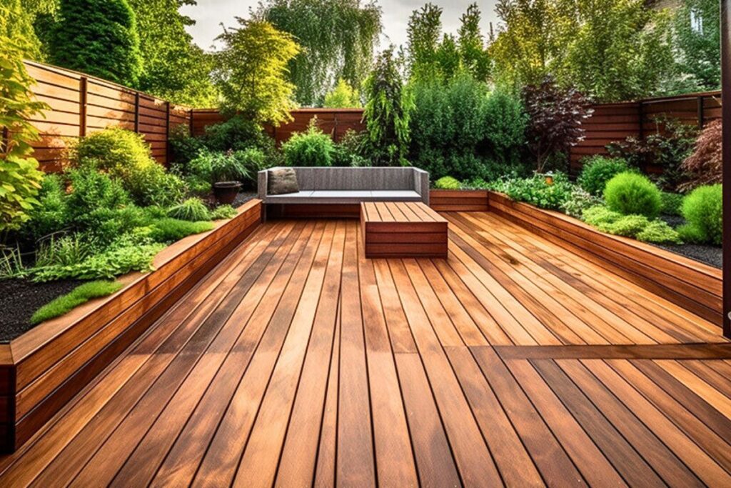 outdoor space with landscape and wooden deck