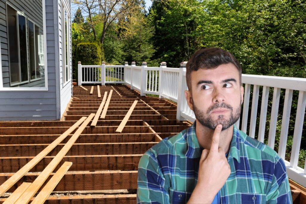 outdoor wooden cedar deck being remodeled down to structure